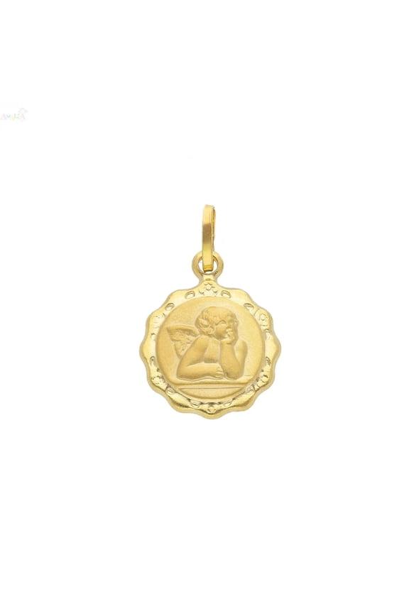 18K Solid Yellow Gold Puffy Angel Medal Pendant
