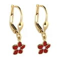 thumbnail image 1 of 18K Solid Yellow Gold Red Enamel Flower Lever Back Earrings, 1 of 3