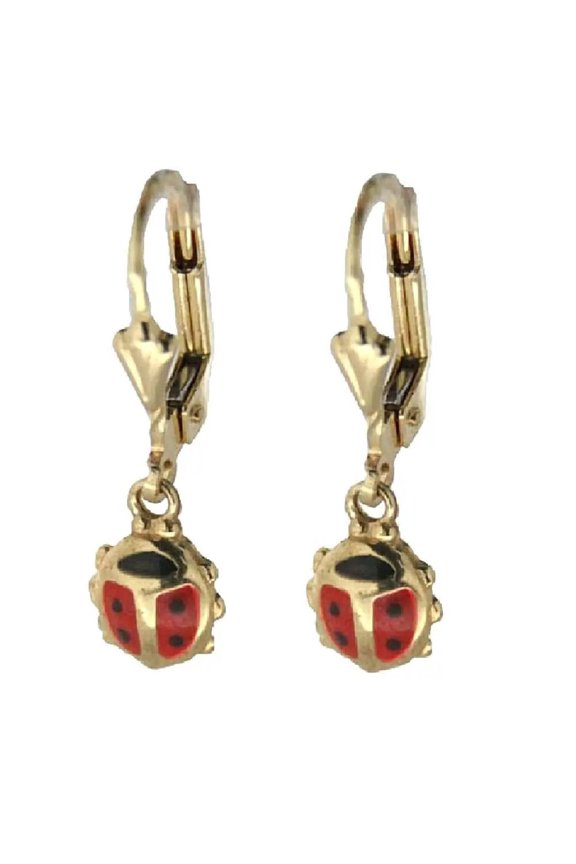 18K Solid Yellow Gold Red Enamel Lady Bug Lever Back Earring