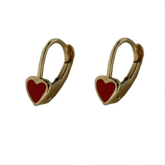 18K Solid Yellow Gold Red Heart Lever Back Wire Earrings