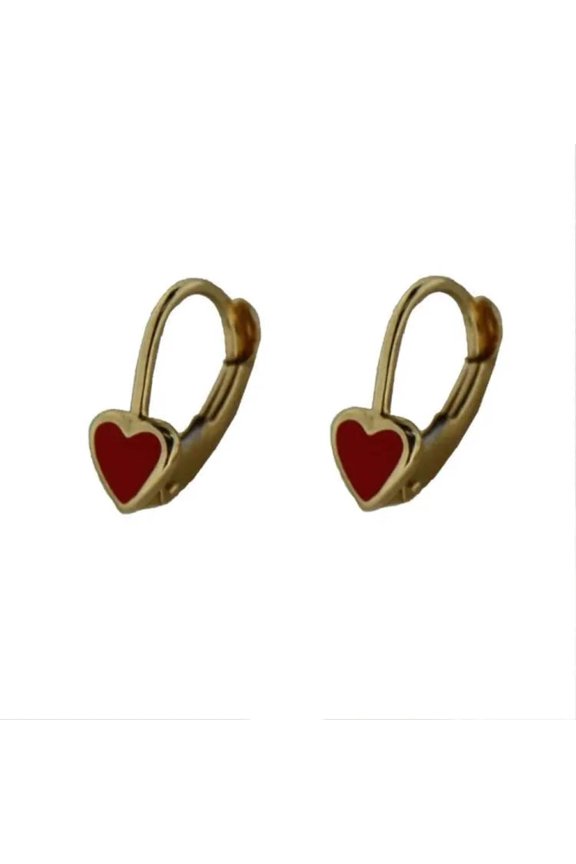 18K Solid Yellow Gold Red Heart Lever Back Wire Earrings