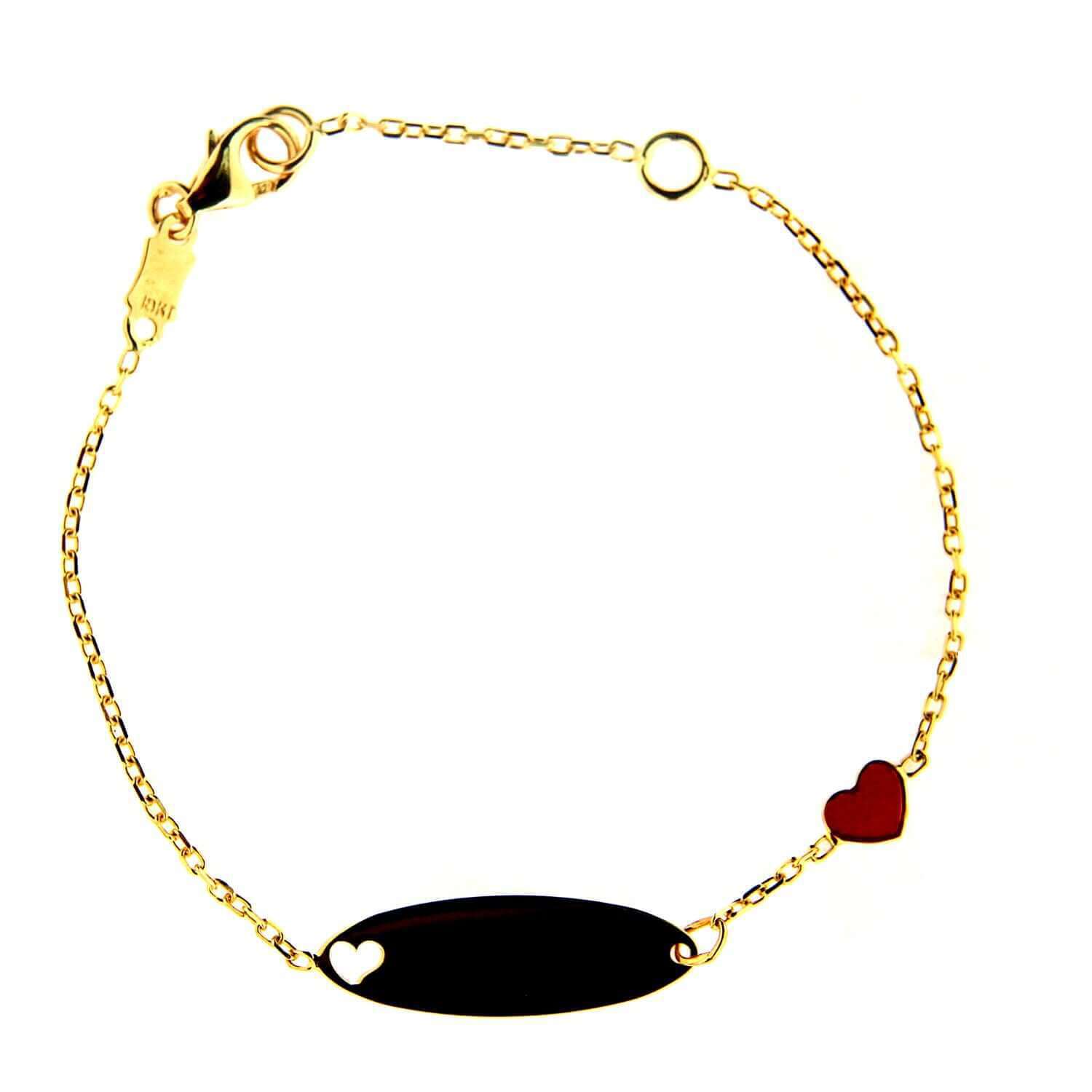 18K Solid Yellow Gold Red enamel Heart and Cut Out Heart Oval Id