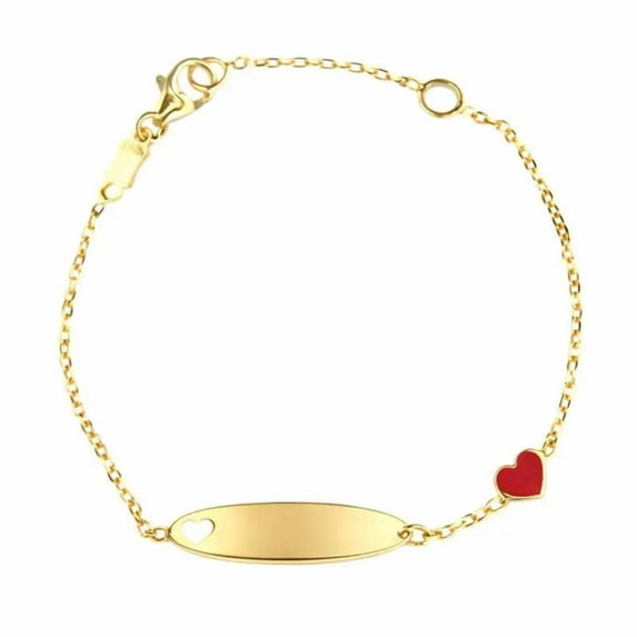 18K Solid Yellow Gold Red enamel Heart and Cut Out Heart Oval Id Bracelet 5.50 inches and extra ring at 4.80 inches