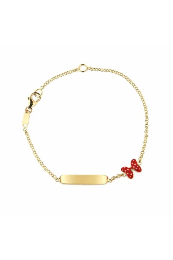 18K Solid Yellow Gold Red with white dots enamel Bow ID bracelet