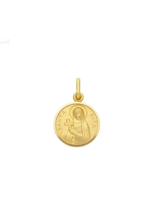 18K Solid Yellow Gold Round Saint Rita Medal Pendant 13mm
