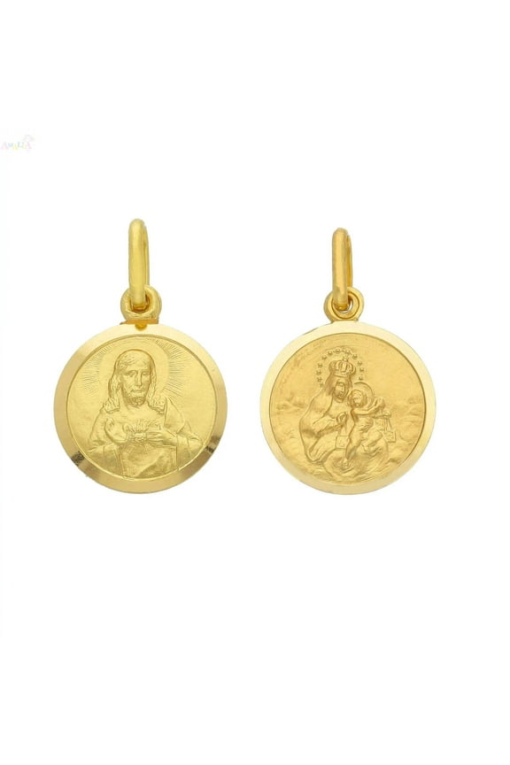 18K Solid Yellow Gold Round Scapular Medal 13 mm.