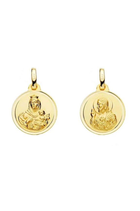 18K Solid Yellow Gold Round Scapular Medal 14 mm