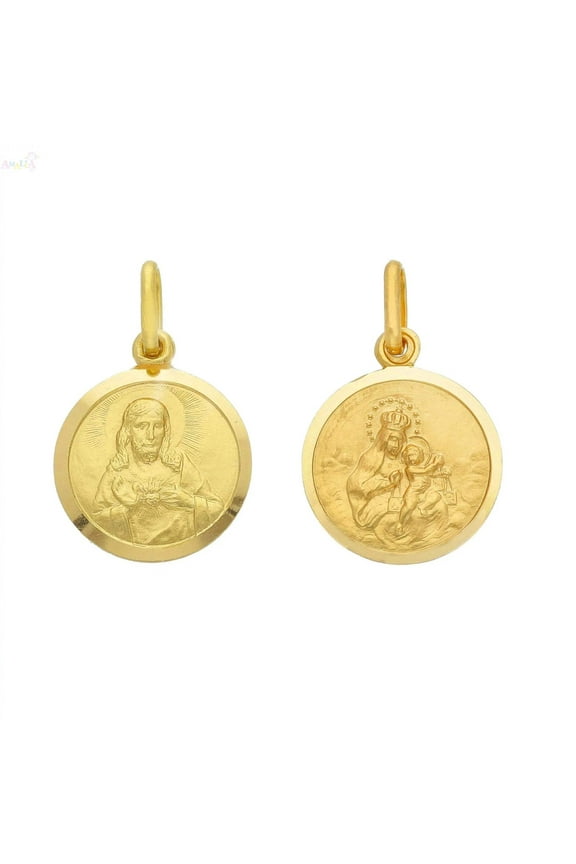 18K Solid Yellow Gold Round Scapular Medal 15 mm