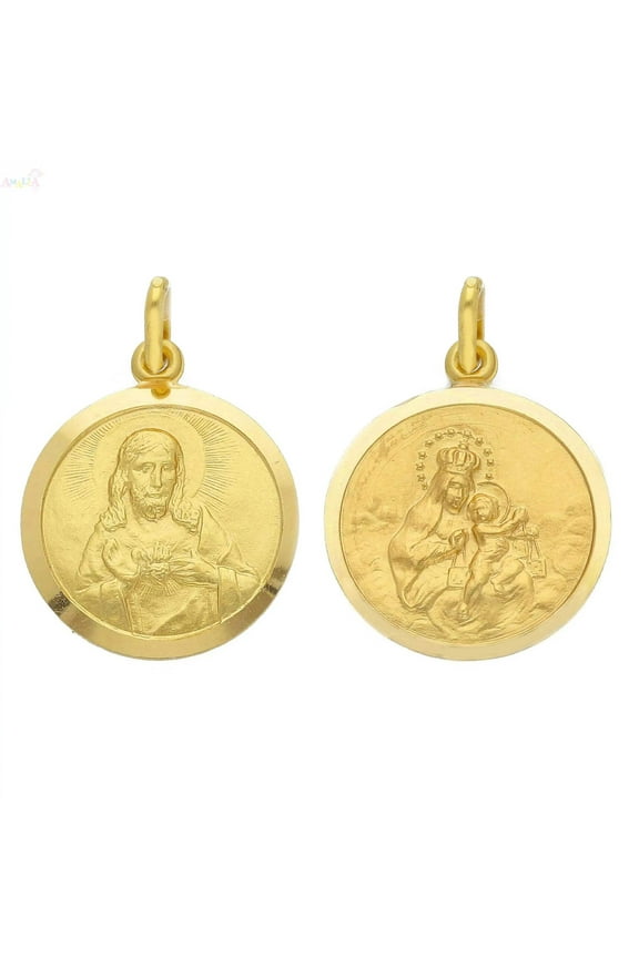 18K Solid Yellow Gold Round Scapular Medal 19 mm Diameter