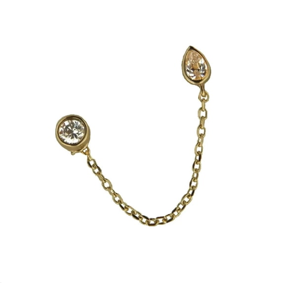 18K Solid Yellow Gold Round and Pear Zircon Chained Studs Post Earring for two wholes