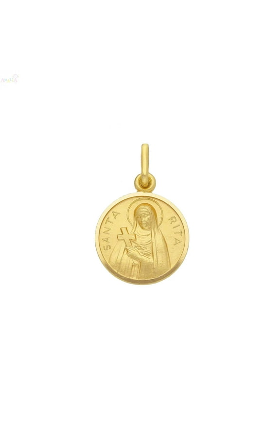 18K Solid Yellow Gold Saint Rita Of Cascia Patroness of Impossible Causes Round Medal 15mm