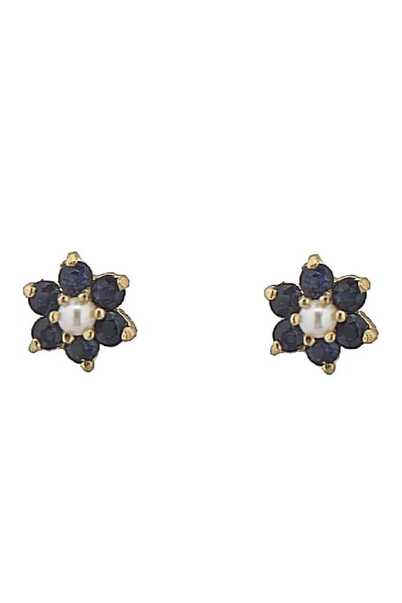 18K Solid Yellow Gold Sapphire and Pearl Center Flower Covered Screwback Earrings