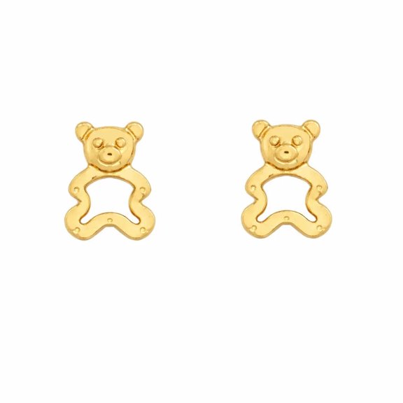 18K Solid Yellow Gold Small Open Satin Teddy Bear Covered Screwback Earrings