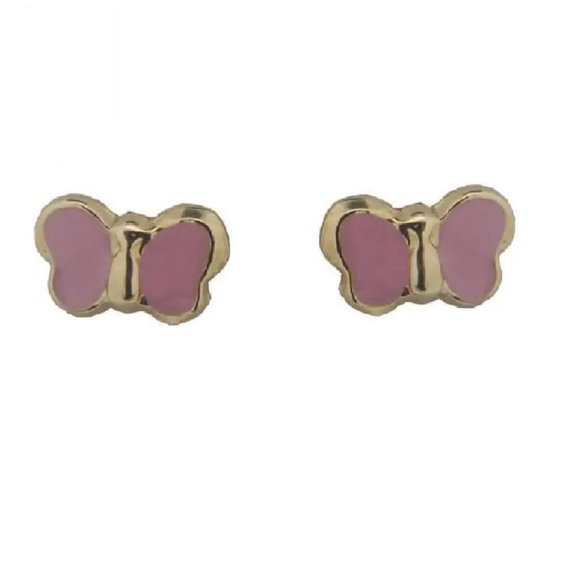 18K Solid Yellow Gold Small Pink Enamel Butterfly Screwback Earrings
