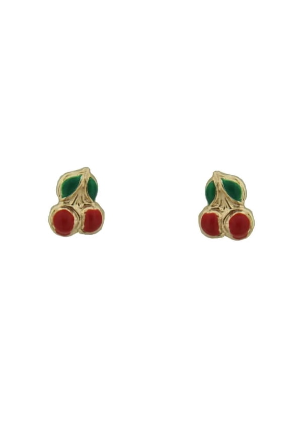 18K Solid Yellow Gold Small Red Enamel Cherry Post Earrings