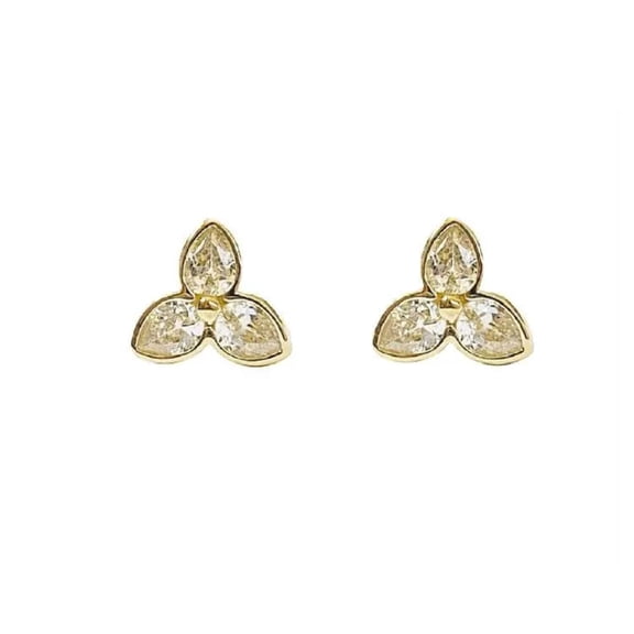 18K Solid Yellow Gold Small Zirconia Three Leaf Flower covered Screwback Earrings