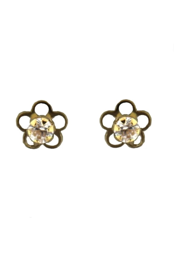 18K Solid Yellow Gold Small open Flower with Zirconia Center Covered Screwback Earrings