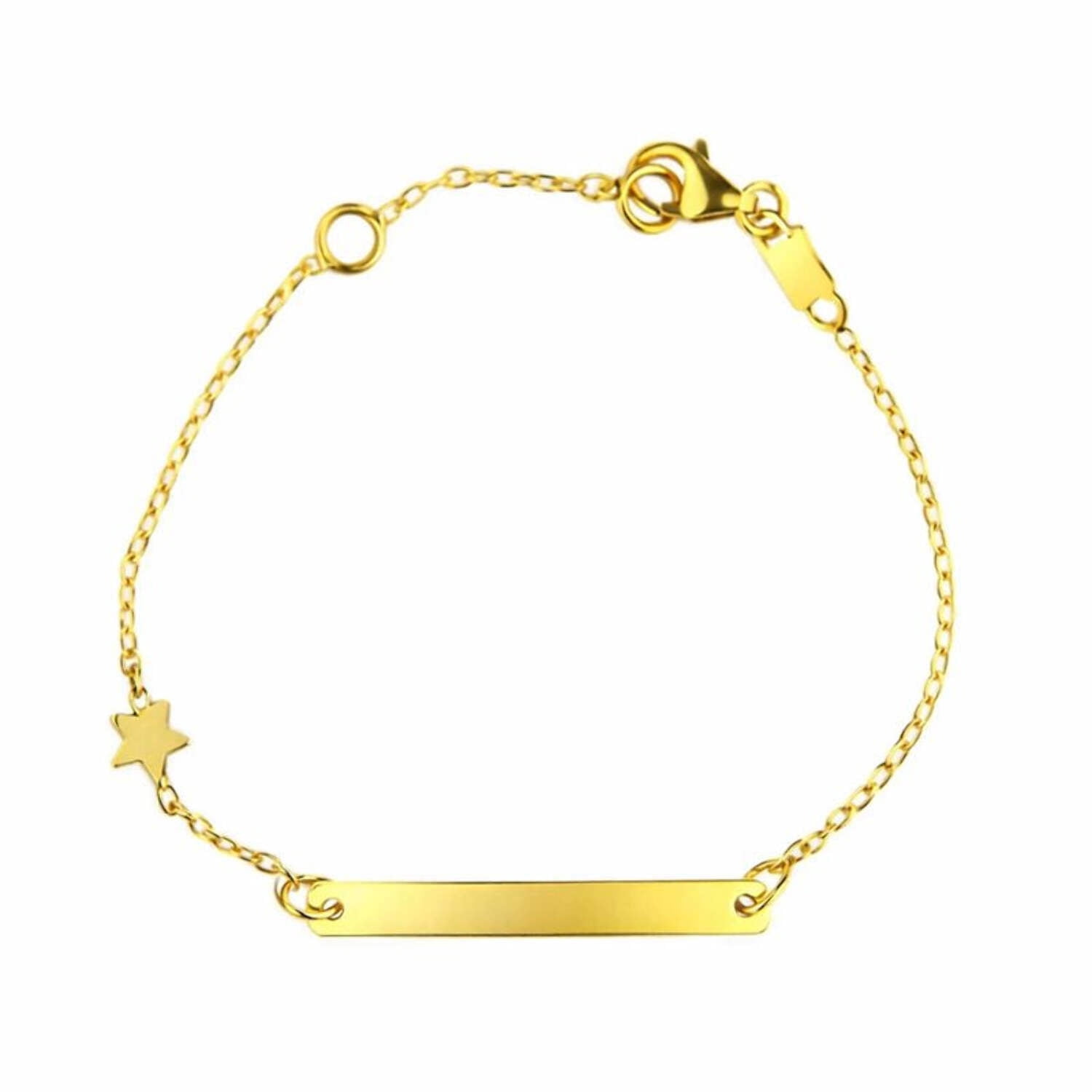18K Solid Yellow Gold Star Thin plate Id barcelet 5.50 inches with extra ring at 4.80 inches plate 1 inche  x 0.11 inche
