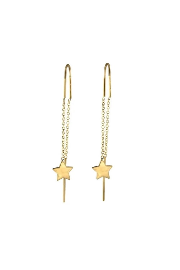 18K Solid Yellow Gold Thread Star Dangle Earrings 2 inches H. with hard curb