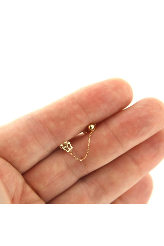 18K Solid Yellow Gold Tiny Open Butterfly and Ball Chained Post earrings