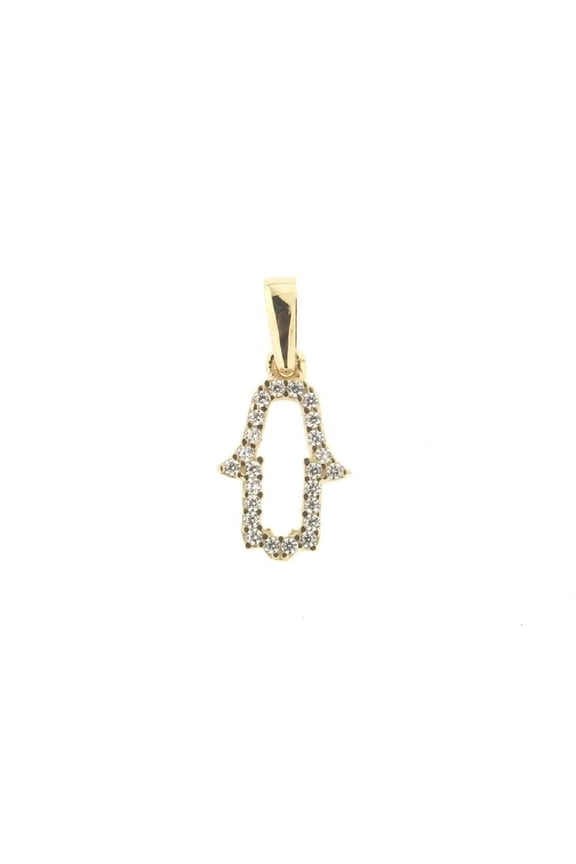 18K Solid Yellow Gold Tiny Zircon Open Hamsa Fatima Hand Pendant