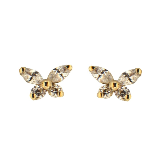 18K Solid Yellow Gold Tiny Zirconia Butterfly Post Earrings