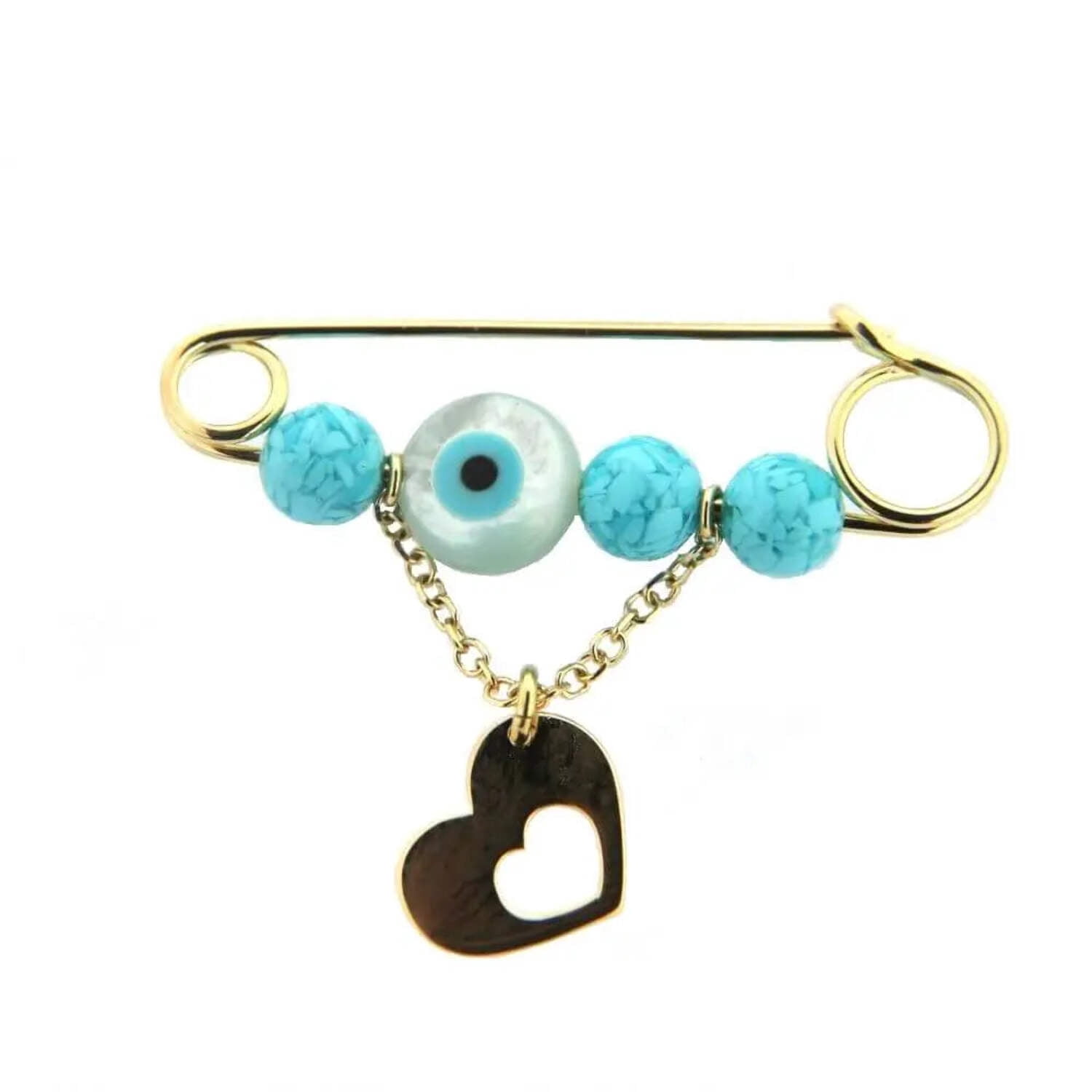 18K Solid Yellow Gold Turquoise Beads, Evil Eye, and Hanging Heart Safety Pin