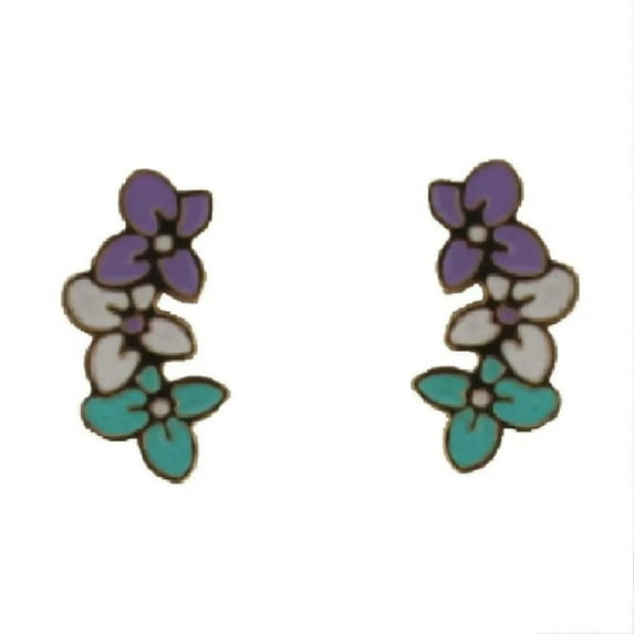18K Solid Yellow Gold Turquoise White & Lilac Enamel Flowers Crawler Post Earrings