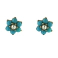 thumbnail image 1 of 18K Solid Yellow Gold Turquoise and Pearl Flower Covered Screwback Earrings, 1 of 4