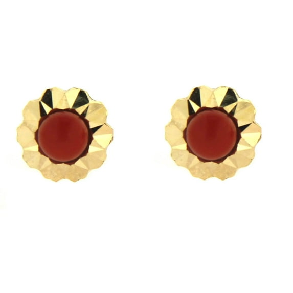 18K Solid Yellow Gold Turquoise or Coral Diamond cut Border Screwback Earrings