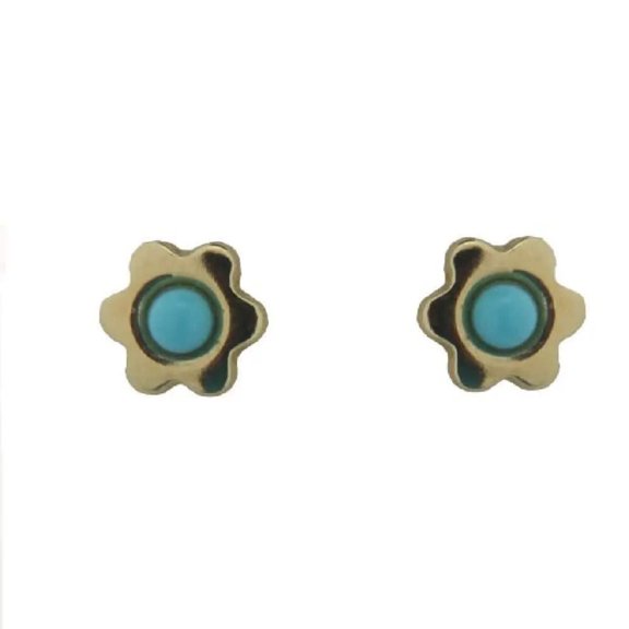 18K Solid Yellow Gold Turquoise paste bead  Flower covered screwback Earrings