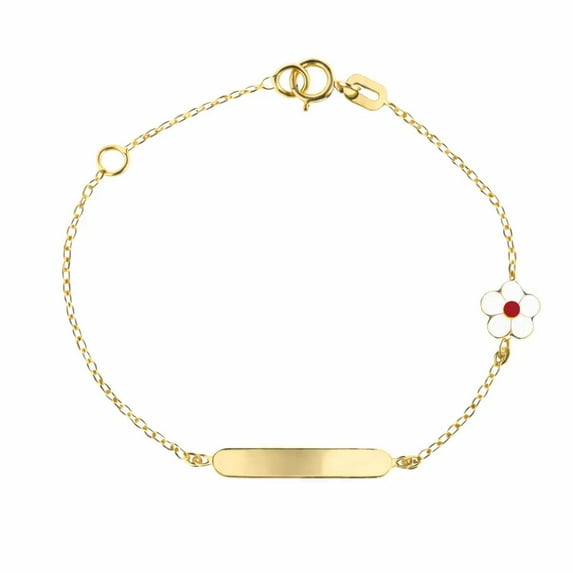 18K Solid Yellow Gold White and center Red Enamel Flower Id Bracelet 5.5 inches