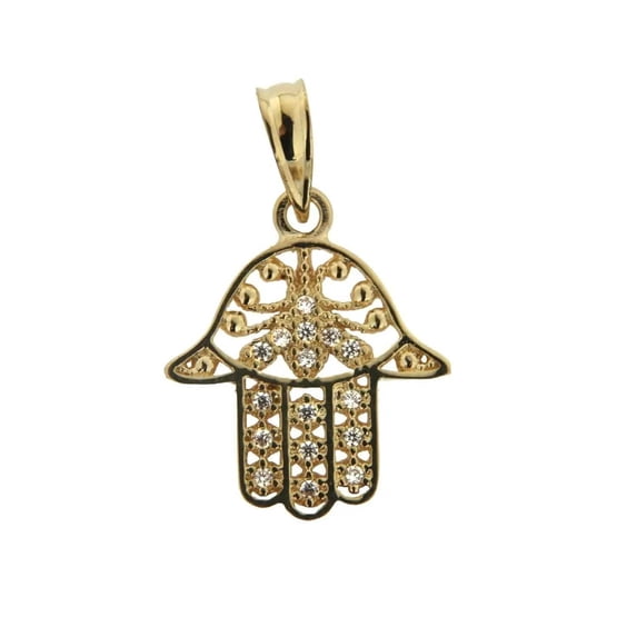 18K Solid Yellow Gold Zircon stones Filigree open Hamsa Fatima Hand Pendant
