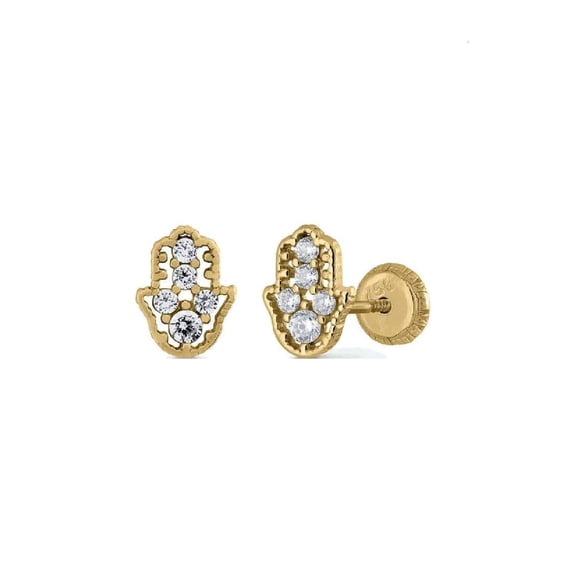 18K Solid Yellow Gold Zirconia Hamsa Hand With Filigree border covered screwback earrings