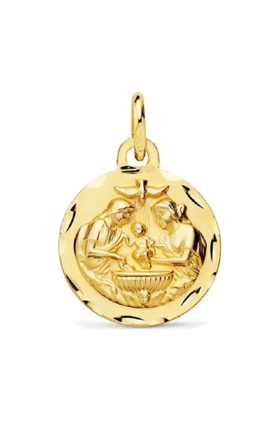 18K Solid Yellow Gold diamond cut border Baptism Medal 14 mm