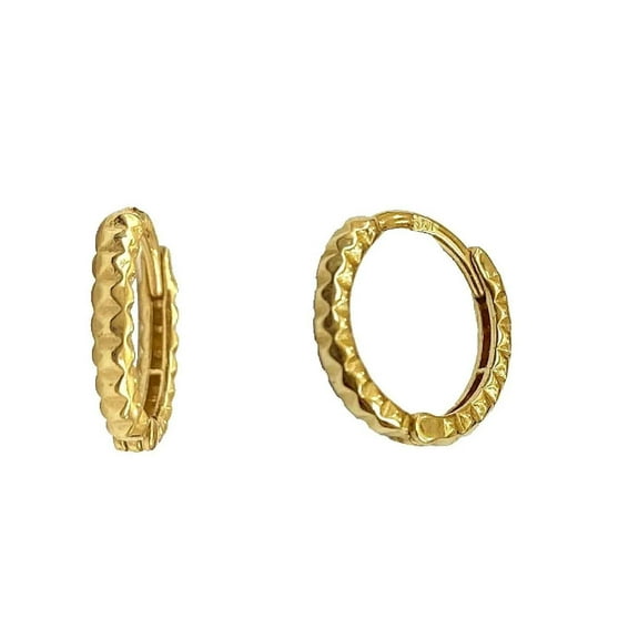 18K Solid Yellow Gold filigree mini Hinged Huggie Hoop Earrings