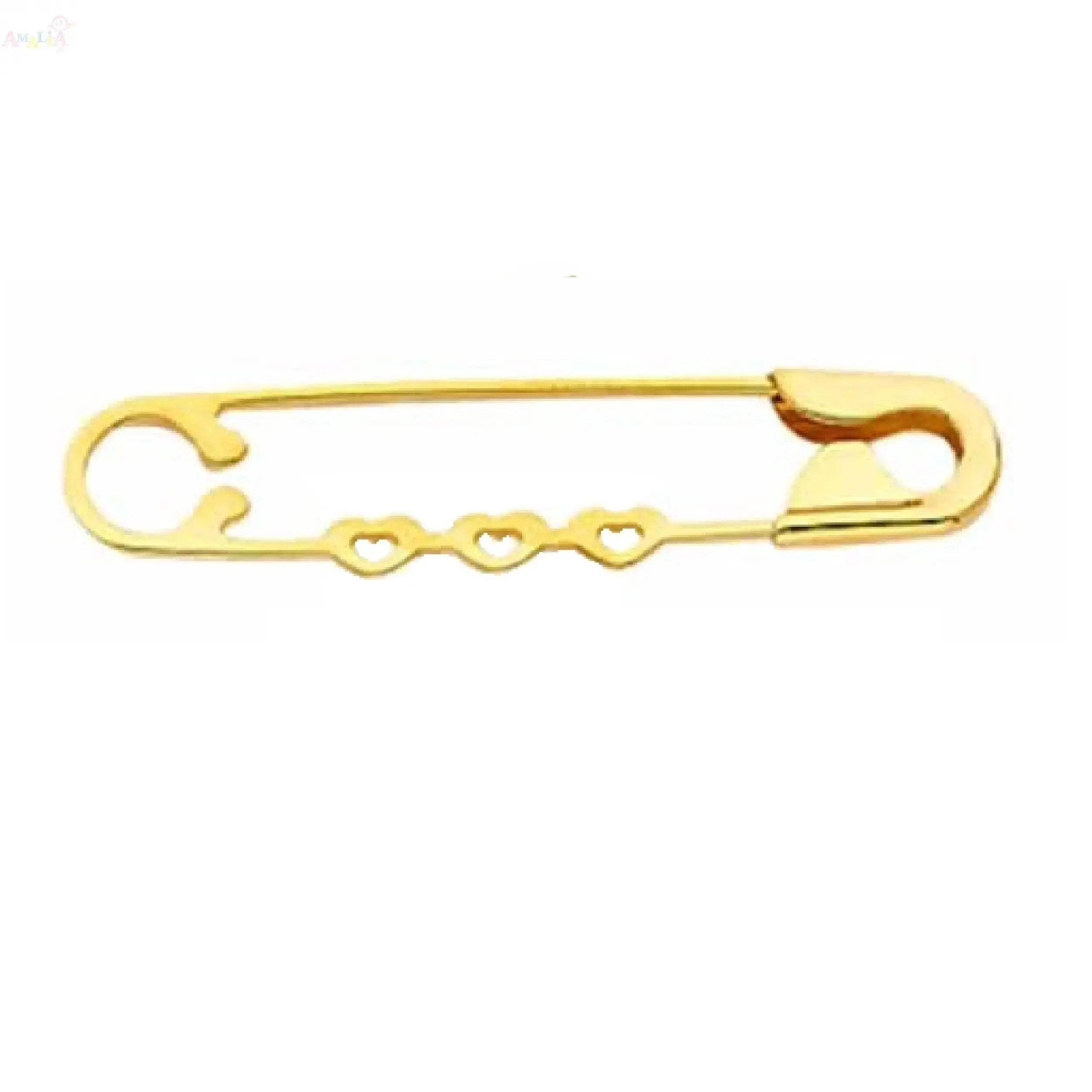 18K Solid Yellow Gold three mini–Open Hearts Large Safety Pin