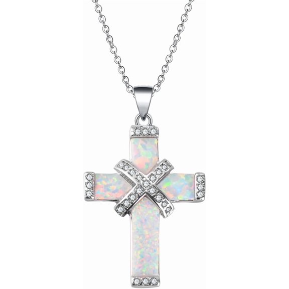 18K White Fine Gold Electroplated Fire Opal Cross Necklace Cross Pendant Necklace Gold Plated Opal Pendant Cross Jewelry For Women[k920]