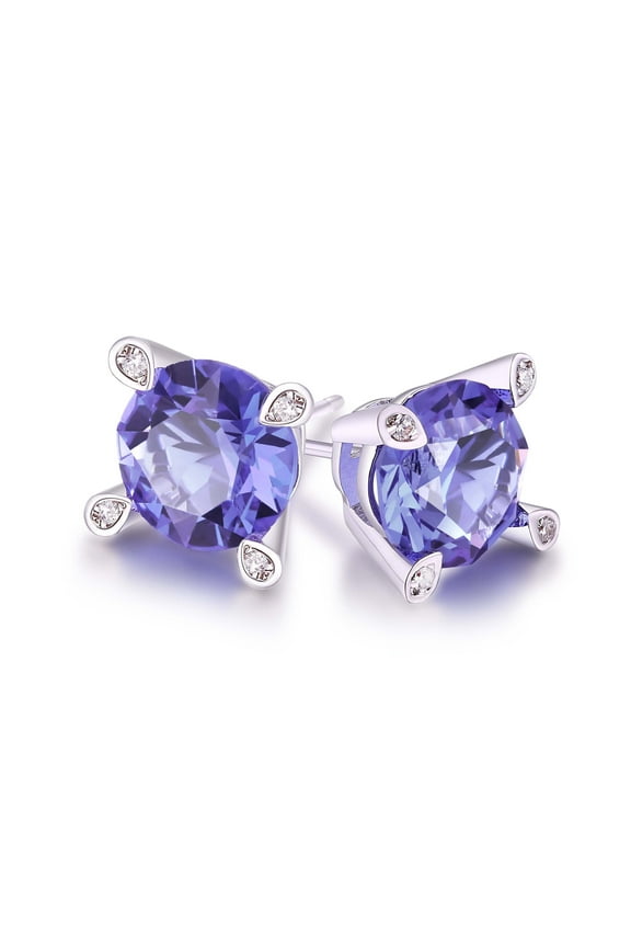 Large Purple Tanzanite Gemstone Stud Earrings in 18K White Gold Plated