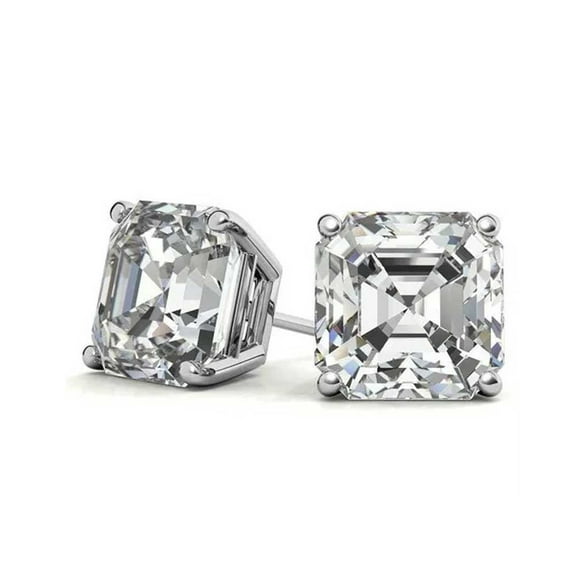 18K White Gold 4mm, 6mm Asher Cut White Topaz Stud Earrings by Paris Jewelry plated