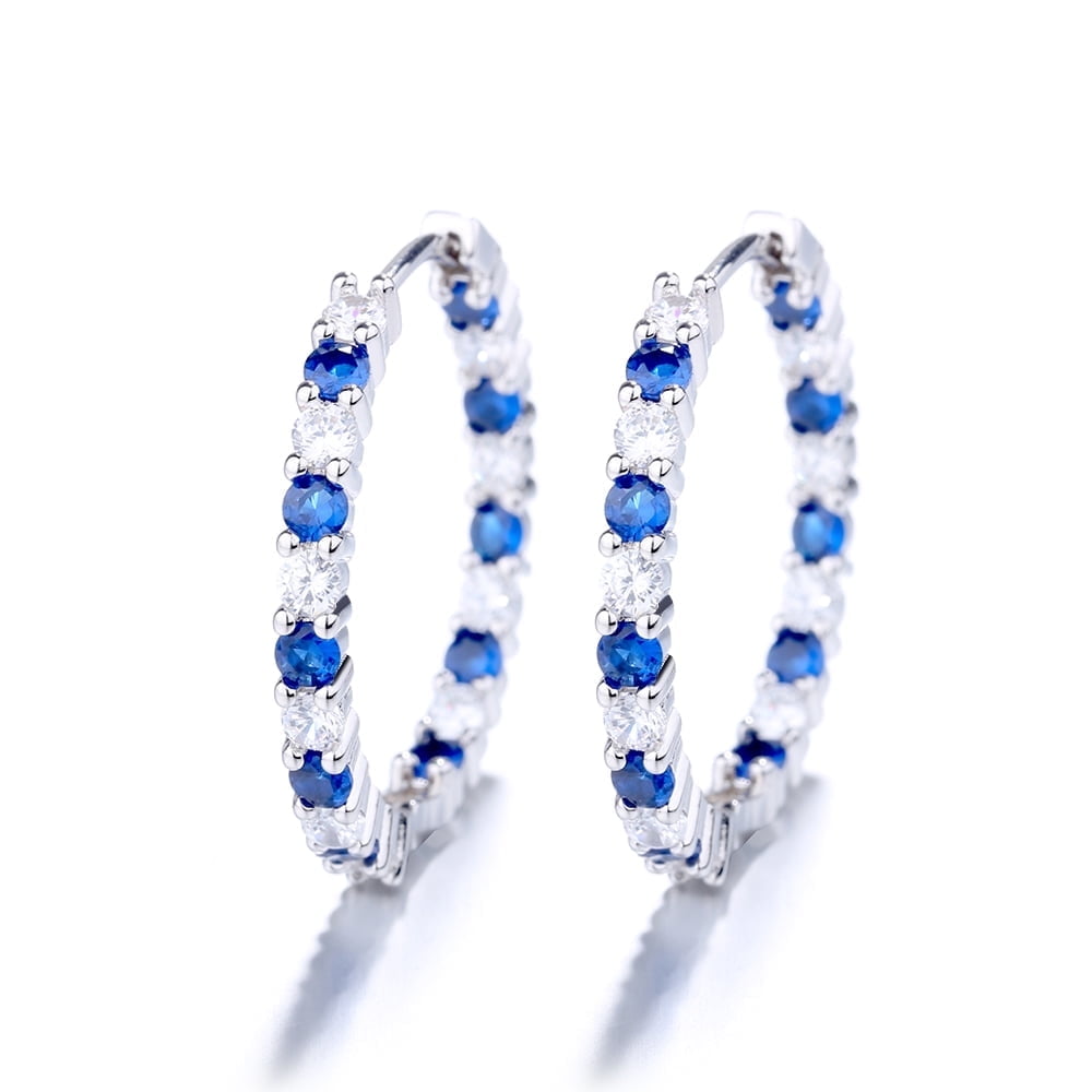 AMY AND ANNETTE 18K White Gold-Plated Blue and White Sapphire Hoop Earrings-40mm