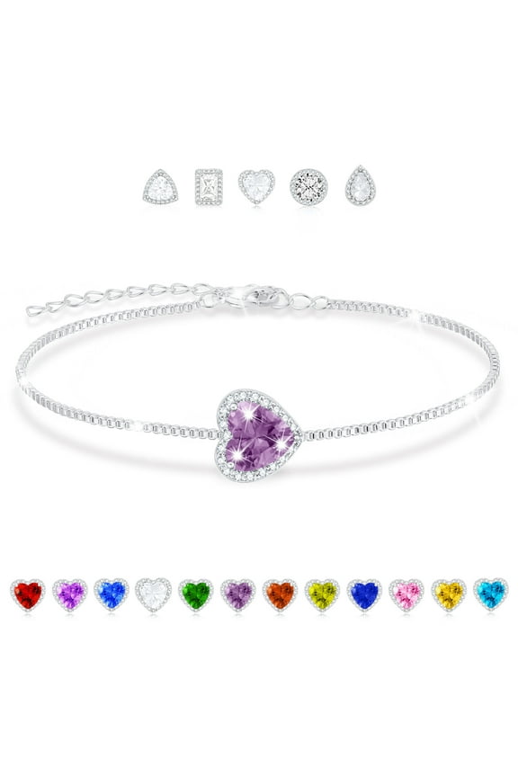 S925 Sterling Silver Plated Love Heart Charm Bracelets for Women Girls June Birthstone Bracelet with Purple Alexandrite Birthday Easter Basket Stuffers Jewelry Gifts Teen Her Kids Ideas