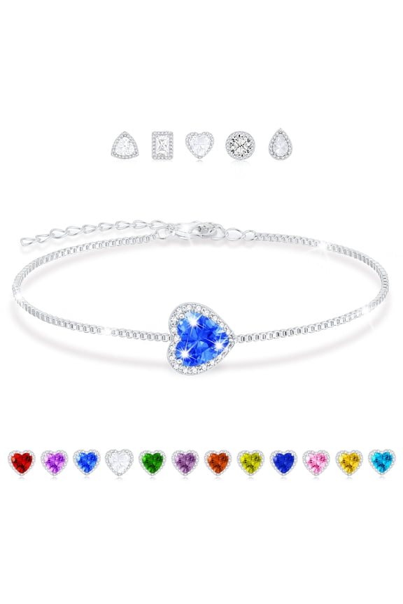 S925 Sterling Silver Plated Love Heart Bracelets for Women Girls March Birthstone Bracelet with Blue Aquamarine Birthday Graduation Jewelry Gifts Teen Her Mom Adults Kids Ideas