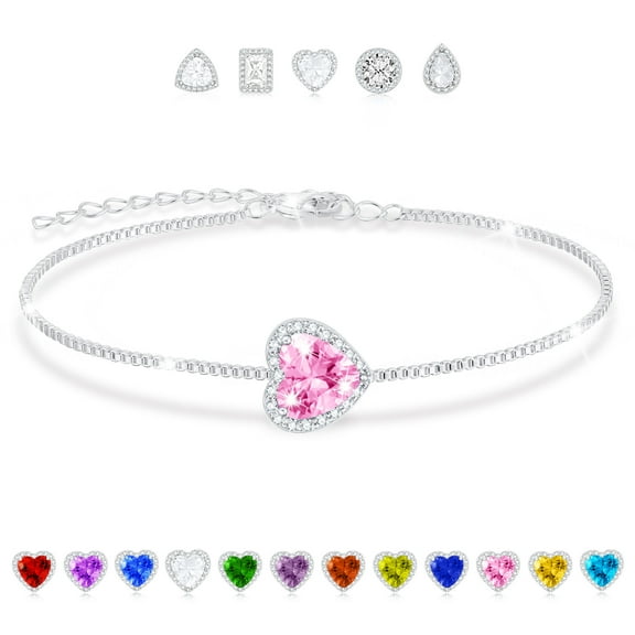 APSVO 18K White Gold Plated Love Heart Bracelets for Women Girls S925 Sterling Silver October Birthstone Bracelet with Pink Tourmaline Birthday Valentines Day Jewelry Gifts Teen Her Adults Kids Ideas