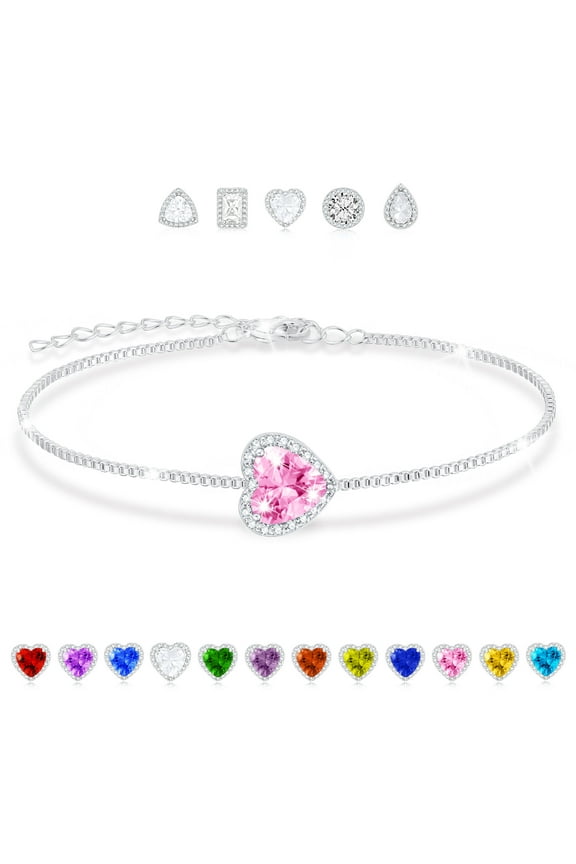 S925 Sterling Silver Plated Love Heart Bracelets for Women Girls October Birthstone Bracelet with Pink Tourmaline Birthday Easter Basket Stuffers Jewelry Gifts Teen Her Adults Kids Ideas