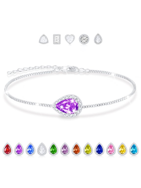 925 Silver Plated Teardrop Charm Bracelets for Women February Birthstone Bracelet with Purple Amethyst Birthday Christmas Jewelry Gifts Teen Girls Stocking Stuffers Kids