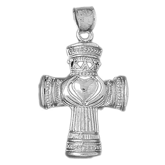18K White Gold Claddagh Cross Pendant - 40 mm