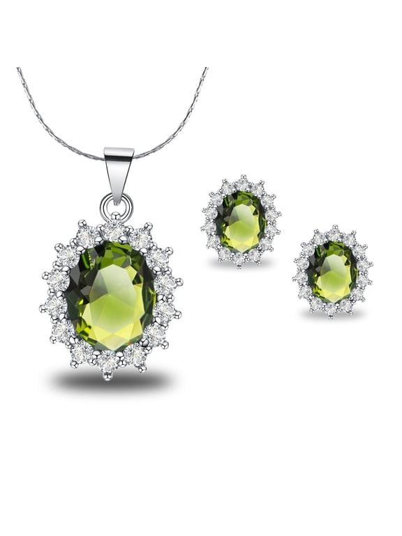 18K White Gold Created Peridot 3 Ct Oval Necklace & Earrings Set Plated 18 inch Women