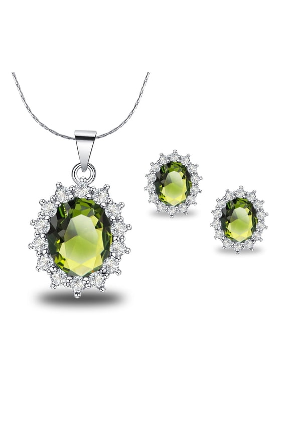 18K White Gold Created Peridot 3 Ct Oval Necklace & Earrings Set Plated 18 inch Women
