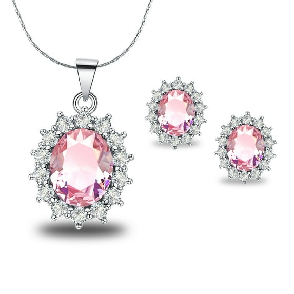 18K White Gold Created Pink Sapphire Round 3 Carat Oval Necklace Plated 18 inch for Adult Female